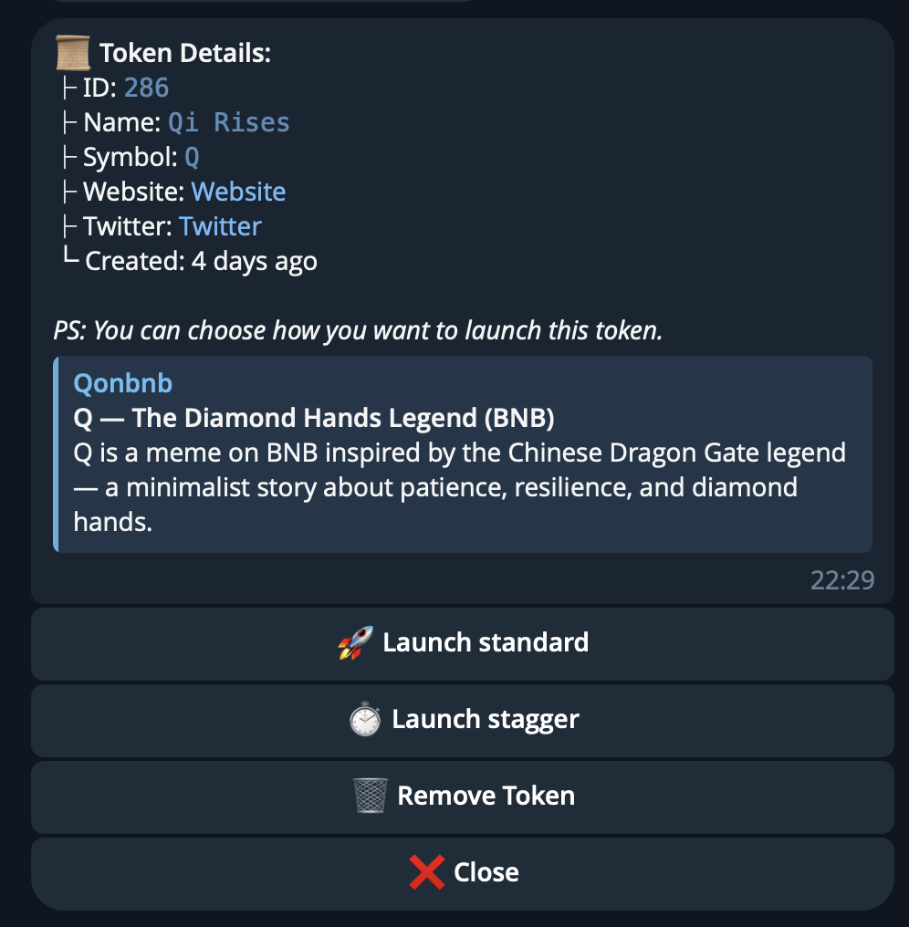Example token launch menu
